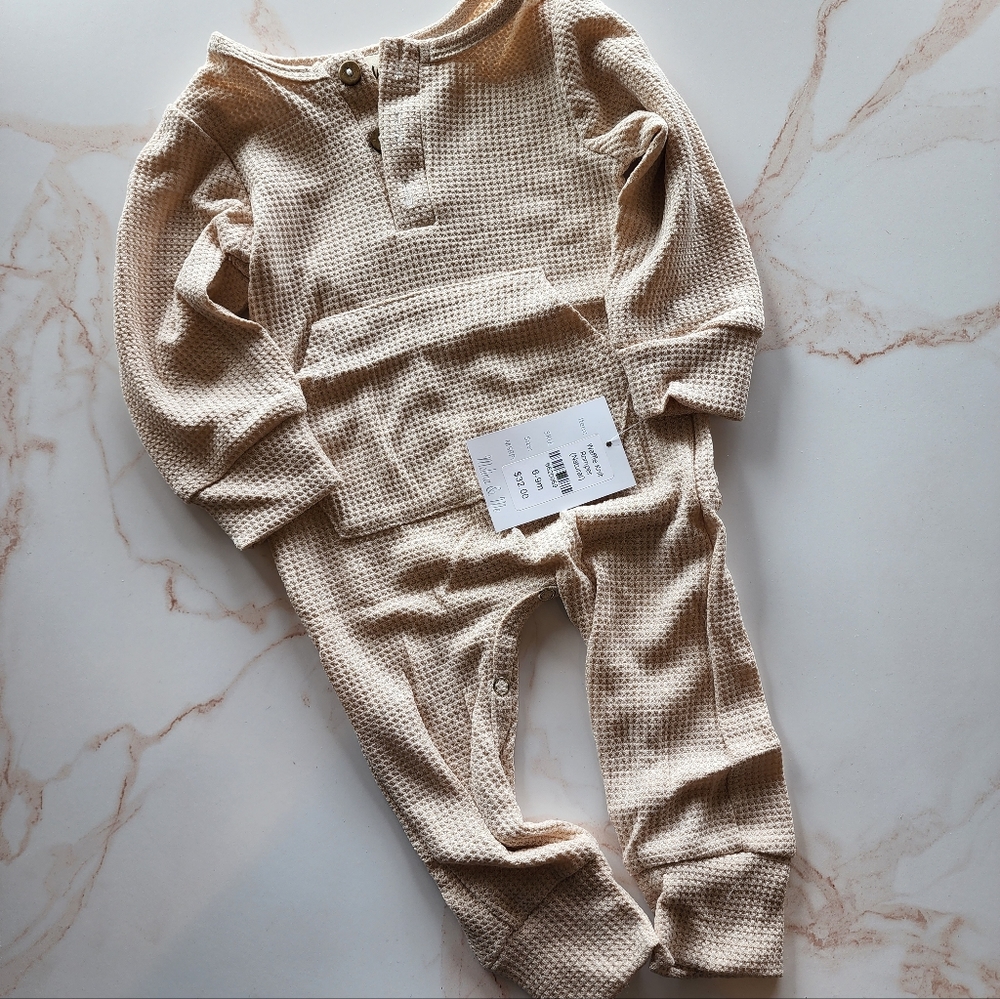 Natural Waffle Knit Romper with Pocket